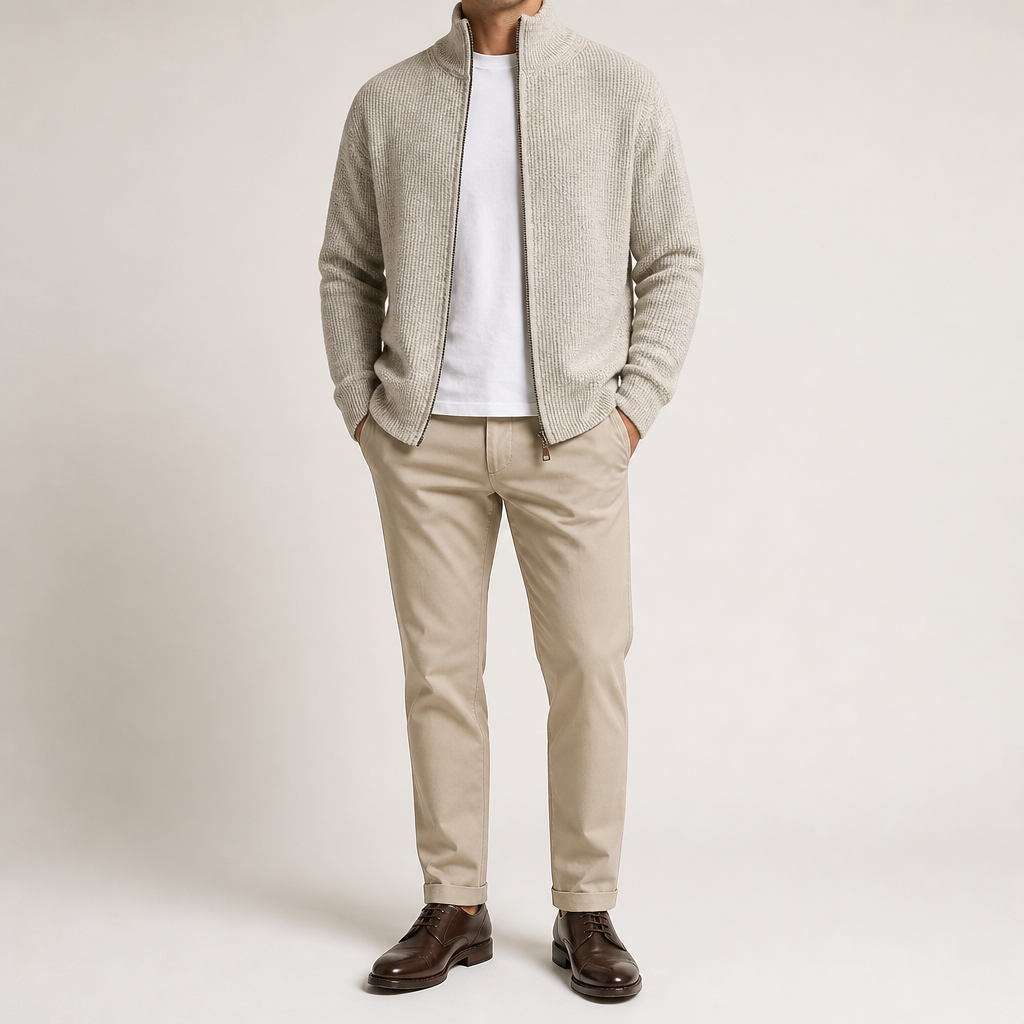Tobias | Mens Cardigan Zip Knitted Stand Collar Casual Jacket, White