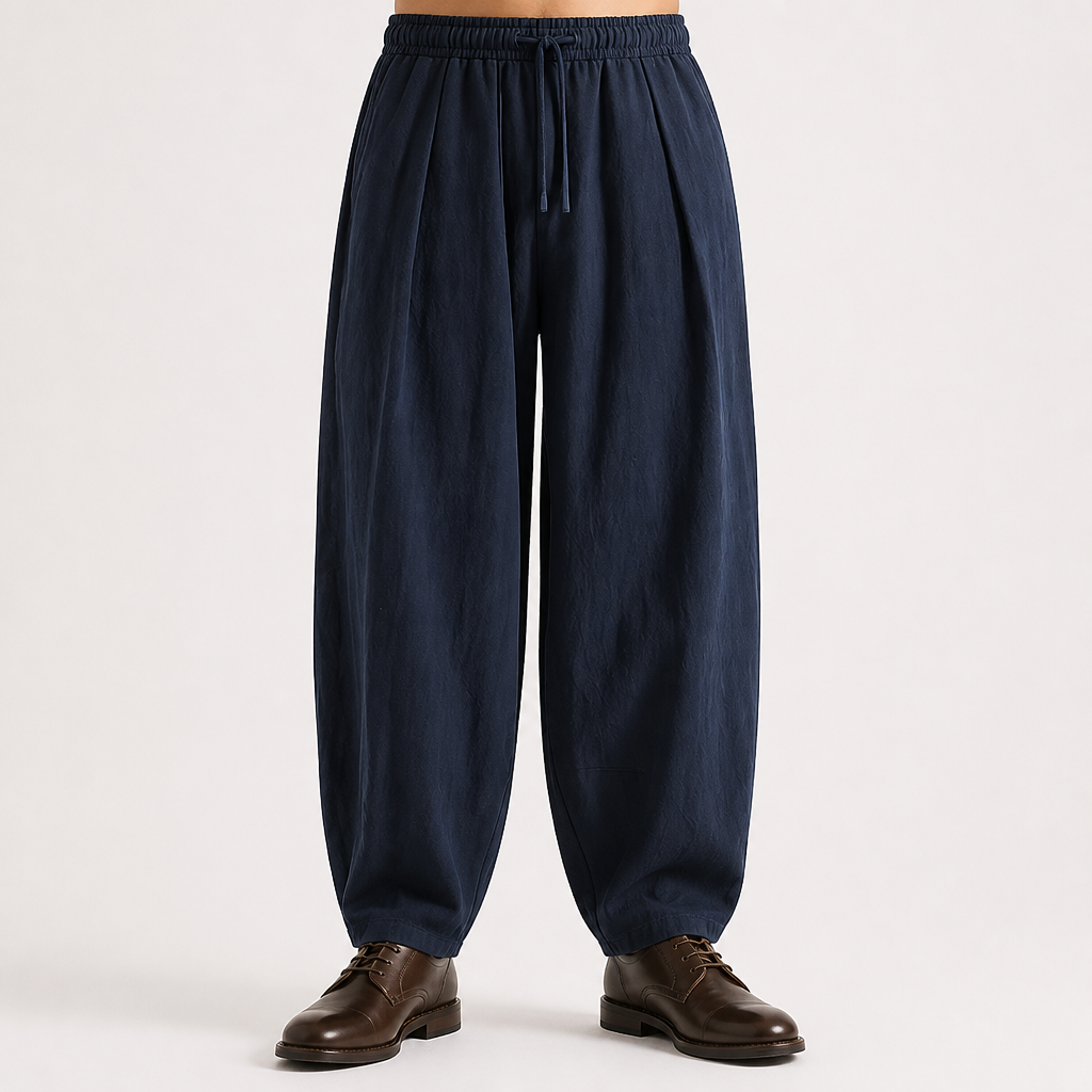 Torin | Mens Wide Leg Linen Loose Casual Cotton Trousers, Navy