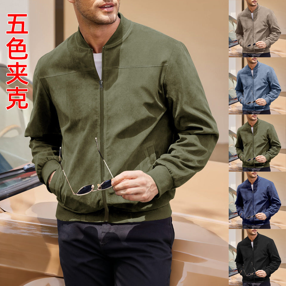 Tremaine | Mens Suede Stand Collar Zip Bomber Jacket Coat - 1