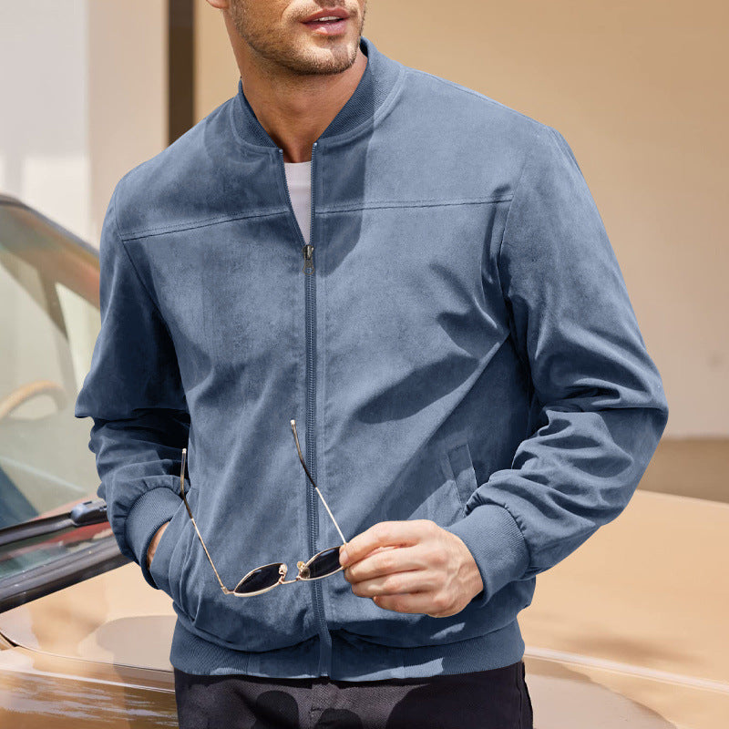 Tremaine | Mens Suede Stand Collar Zip Bomber Jacket Coat - 3