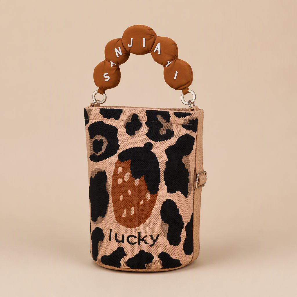 Ulf | Womens Bucket Bag Knitted Crossbody Shoulder Handbag, Leopard