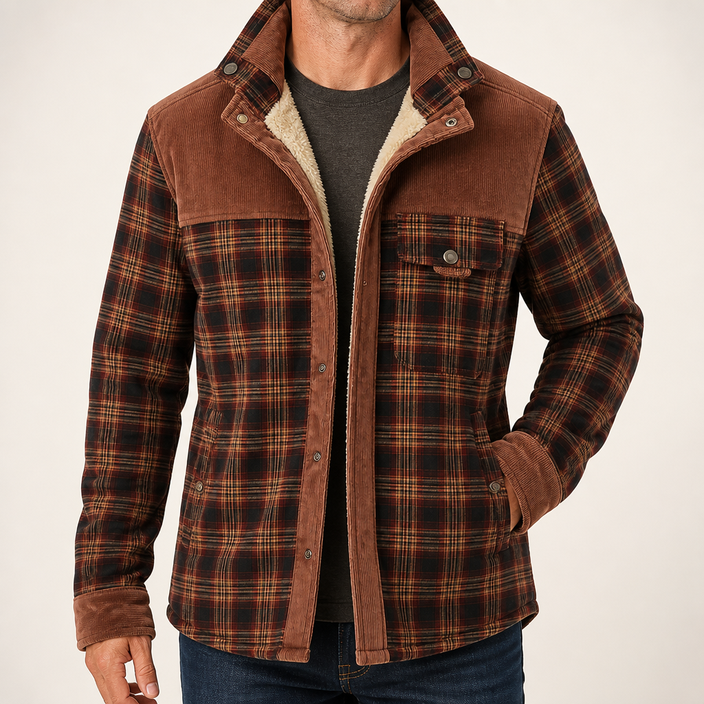 Ulric | Mens Fleece Lined Flannel Shirt Winter Light Jacket, Red Coffee