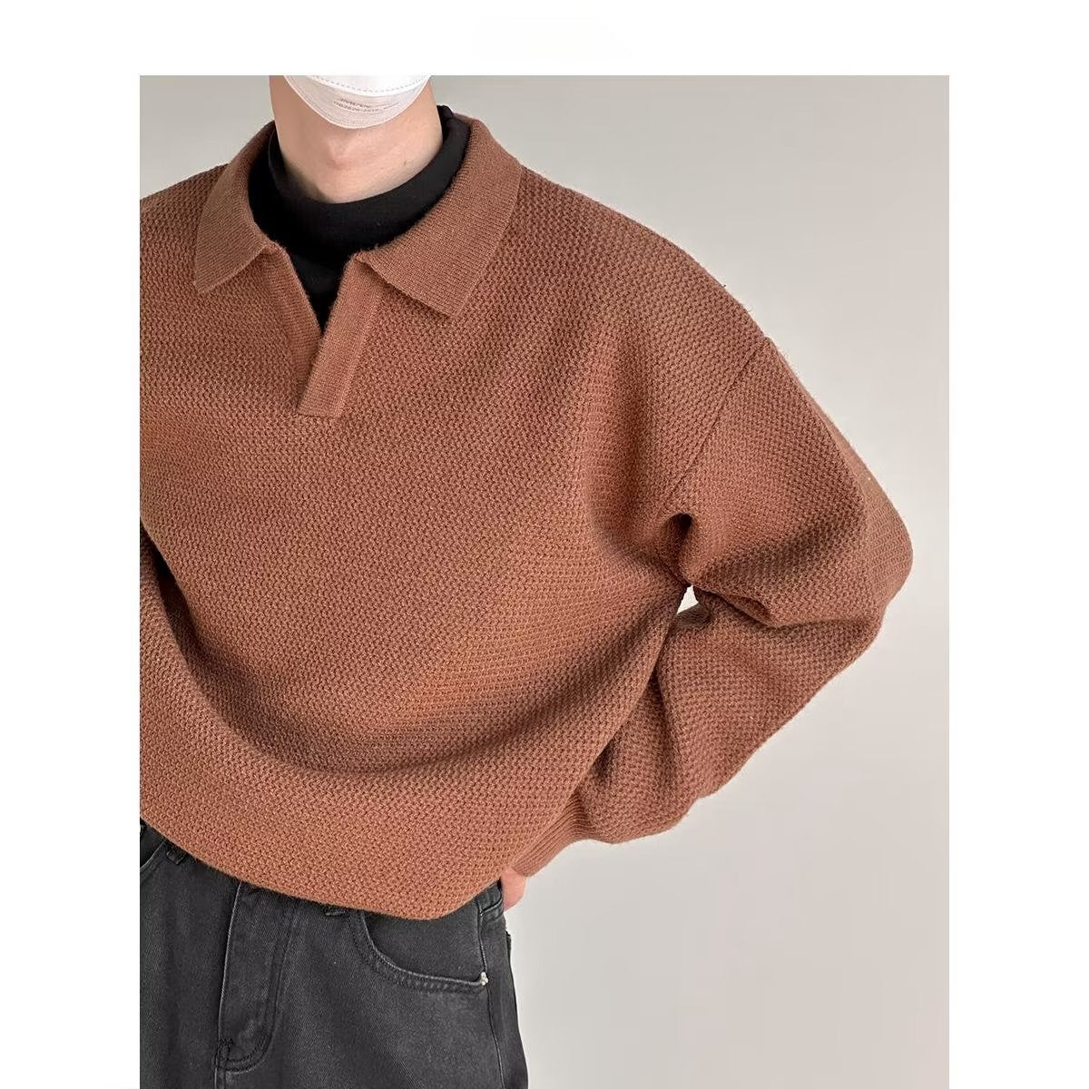 Ulric | Mens Knitted Long Sleeve Solid Colour Lapel Polo Polo Shirt - Brown