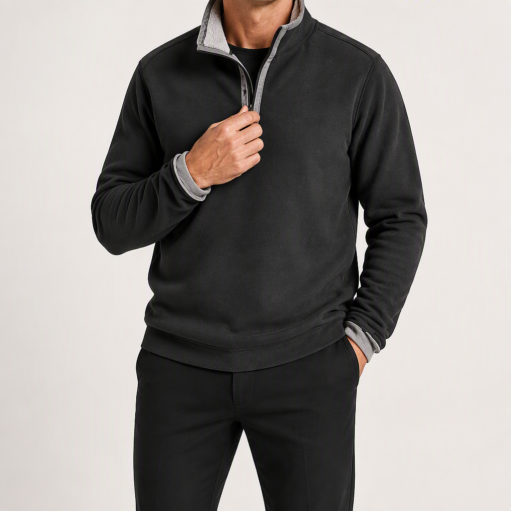 Ulric | Mens Sweatshirt Zip Up Stand Collar Fleece Lined Jumper, Black