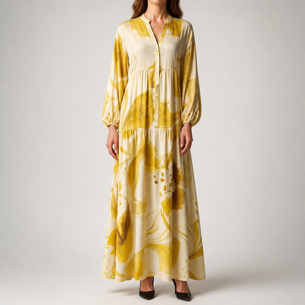 Ulric | Womens Dress Printed Long Sleeve V Neck Loose Maxi Dress, Yellow