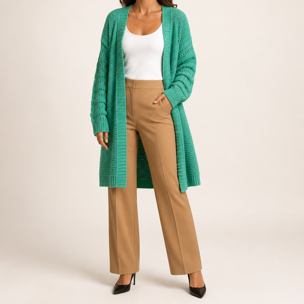 Ursula | Womens Knitted Longline V Neck Long Cardigan, Green