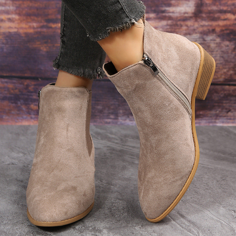 Vesper | Womens Square Heel Side Zip Pointed Ankle Suede Boots - 1