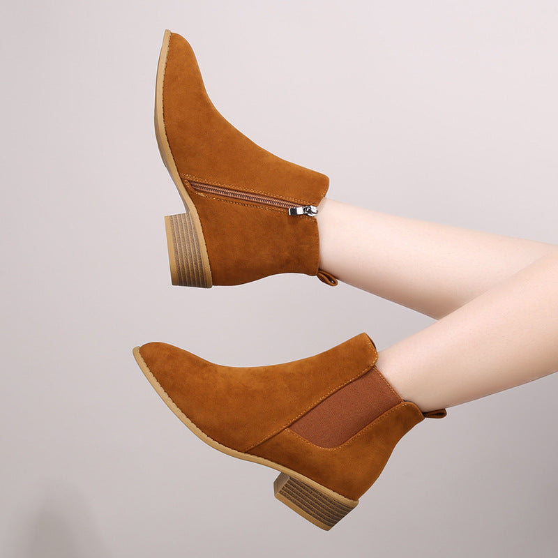 Vesper | Womens Square Heel Side Zip Pointed Ankle Suede Boots - 3