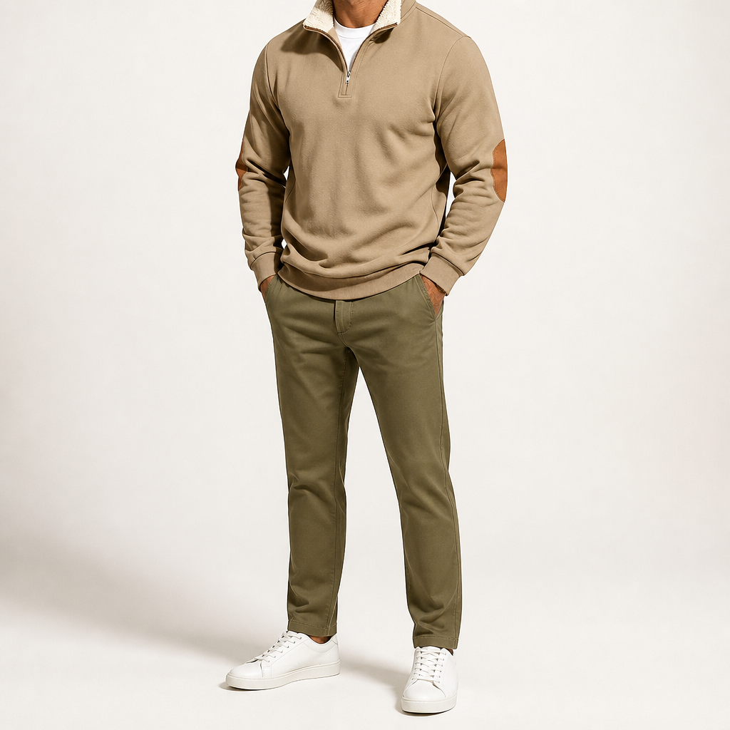 Viggo | Mens Half Zip Fleece Sweatshirt Long Sleeve Top, tan