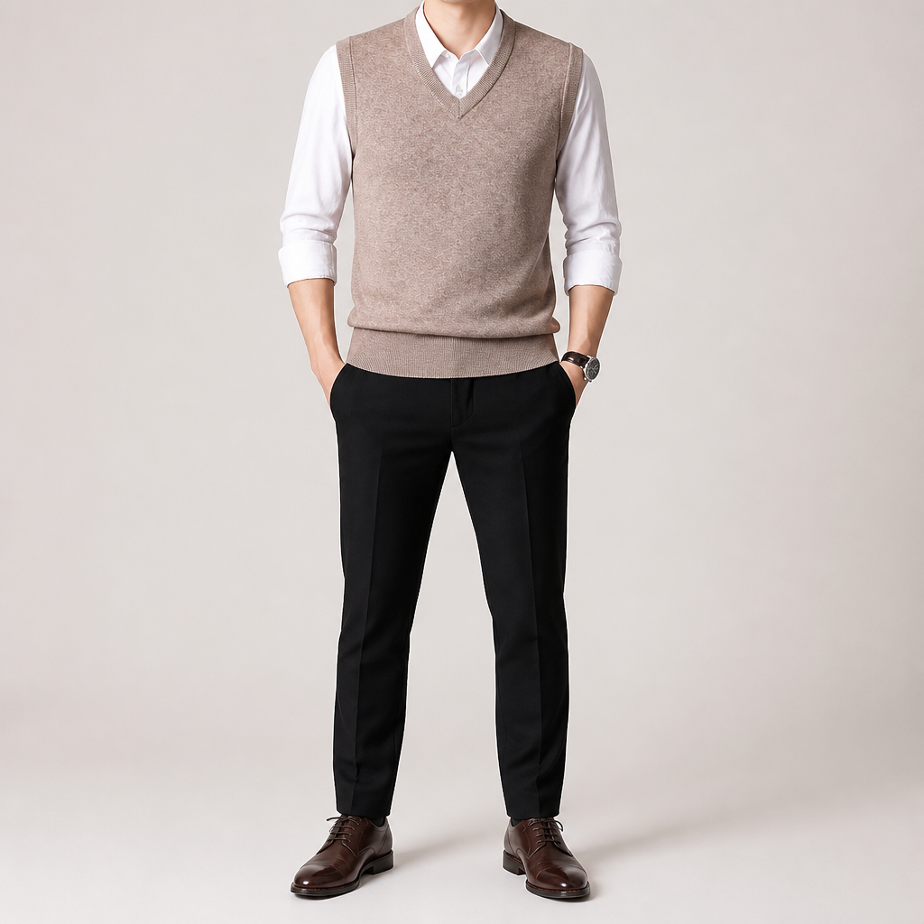 Warren | Mens Knitted Jumper V Neck Sleeveless Sweater Vest, Cream