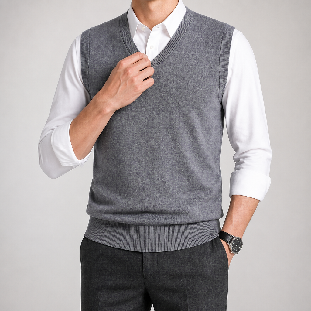 Warren | Mens Knitted Jumper V Neck Sleeveless Sweater Vest, Grey