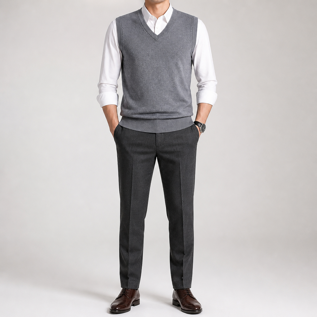 Warren | Mens Knitted Jumper V Neck Sleeveless Sweater Vest, Grey