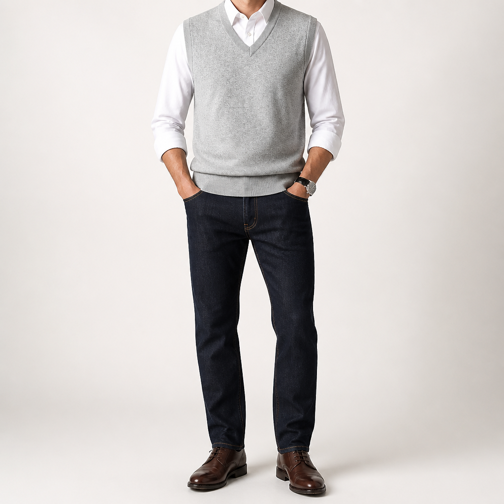 Warren | Mens Knitted Jumper V Neck Sleeveless Sweater Vest, Light Grey