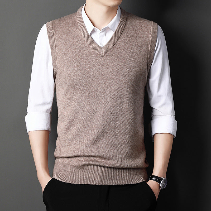 Warren | Mens V Neck Knitted Jumper Sweater Vest - Rice Camel