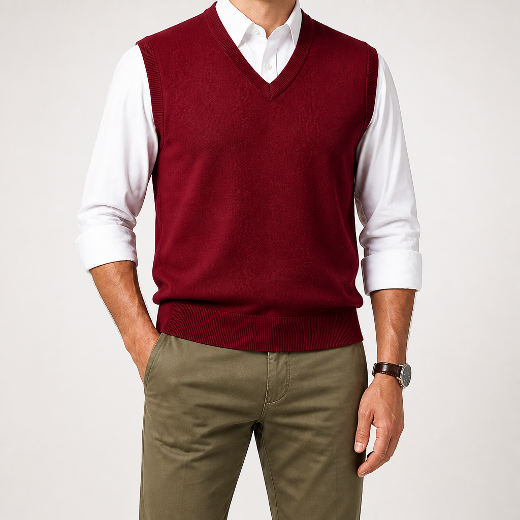 Warren | Mens Knitted Jumper V Neck Sleeveless Sweater Vest, Wine Red