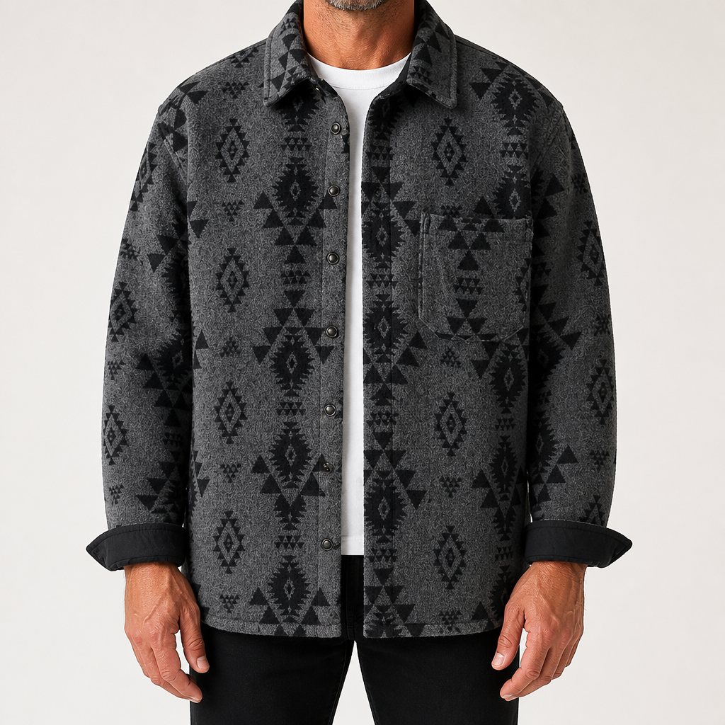 Wilder | Mens Retro Jacquard Wool Blend Overshirt Casual Shirt, Grey