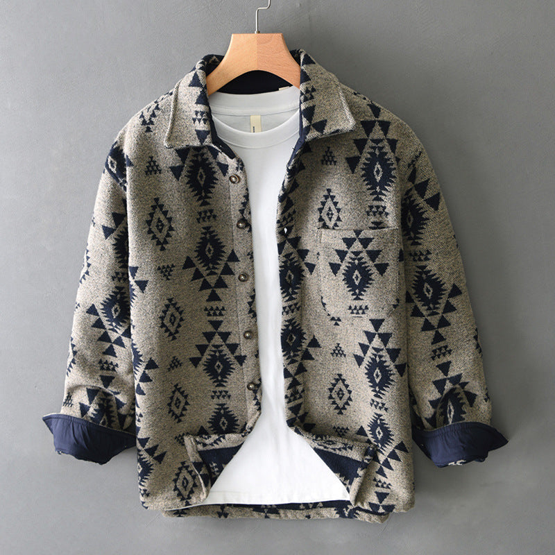 Wilder | Mens Retro Jacquard Wool Blend Overshirt - Light Brown