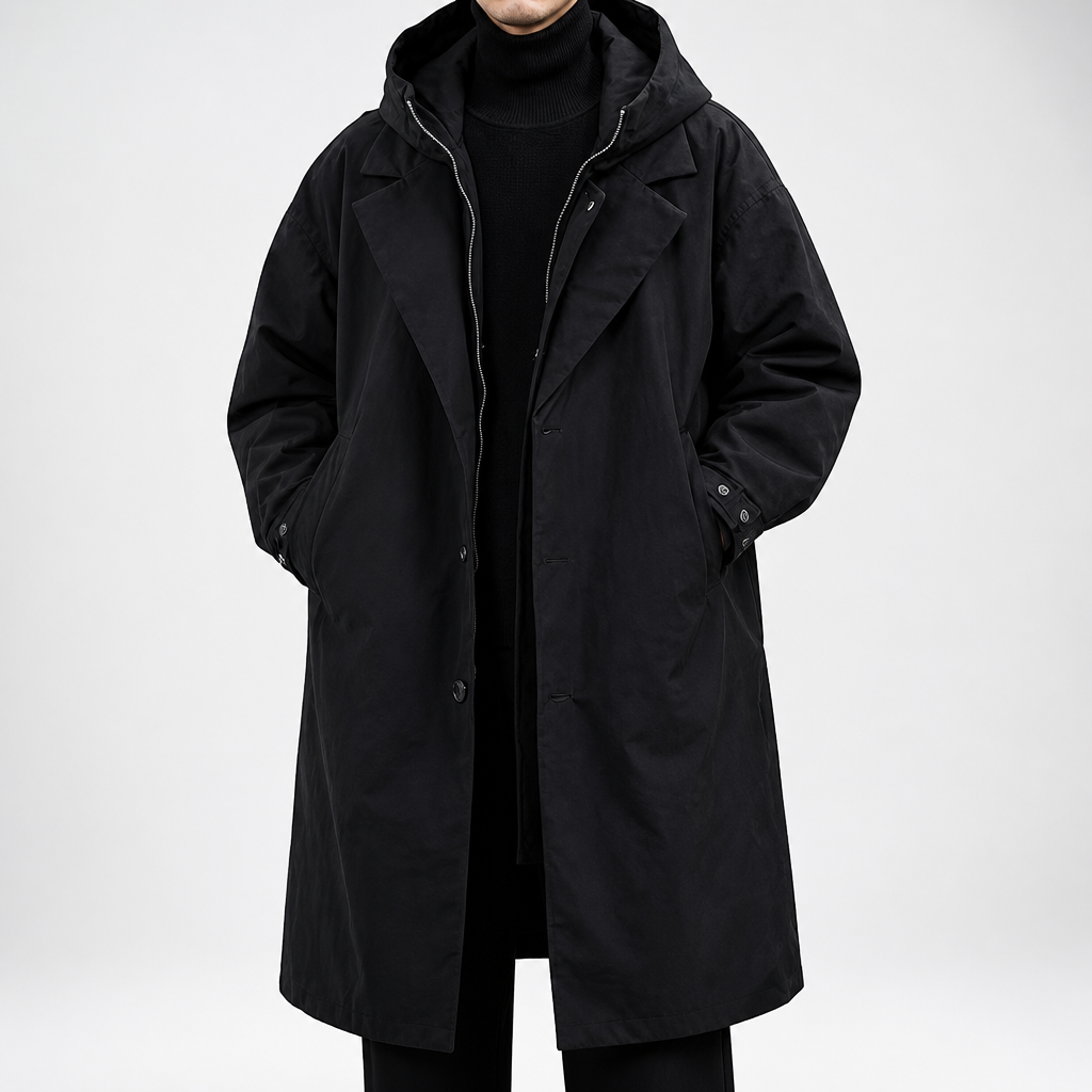 Wilhelmina | Mens Trench Winter Hooded Parka Mid Length Coat, Black 2