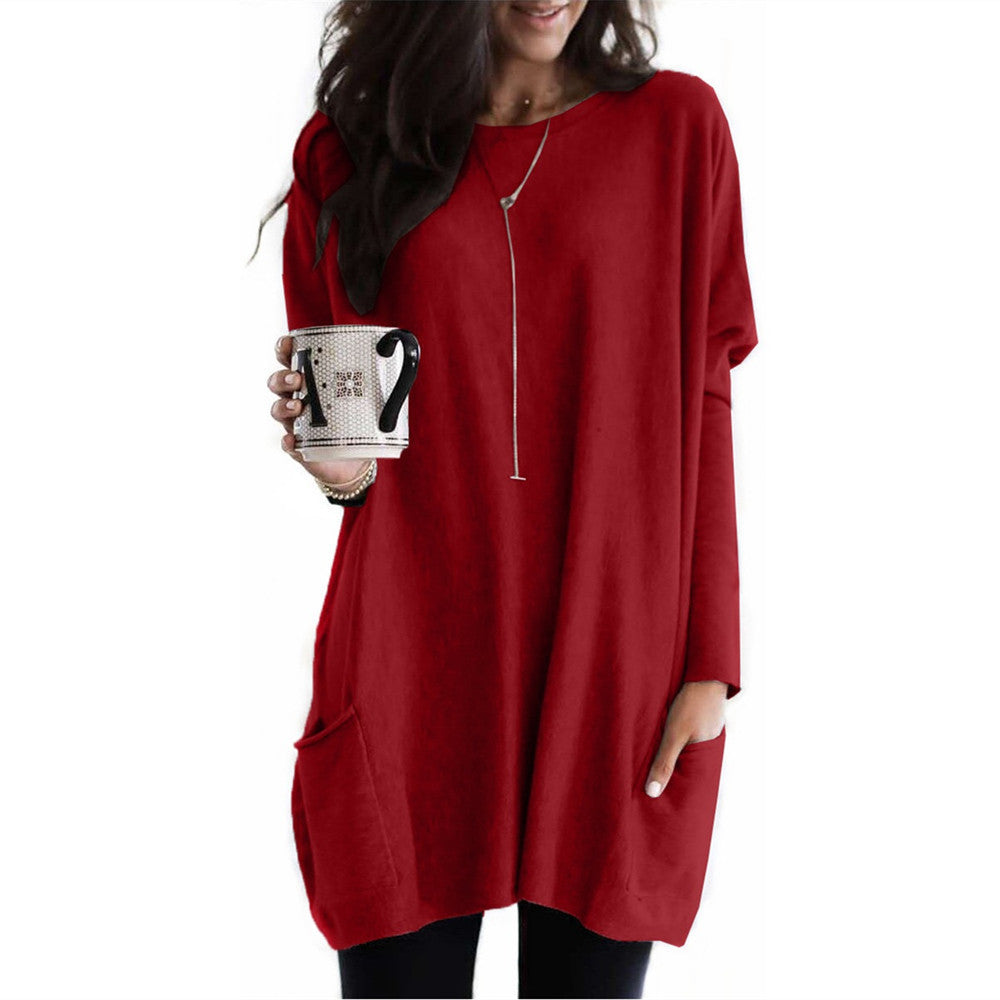 Wilhelmina | Womens Bat Sleeve Long Cotton Top Pocket Base Shirt - 8
