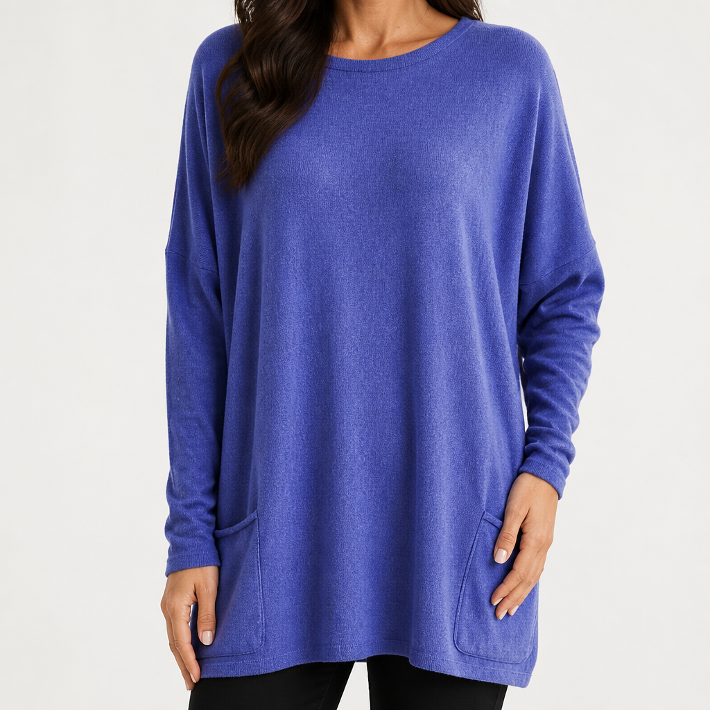 Wilhelmina | Womens Bat Sleeve Long Cotton Pocket Base Top, Blue