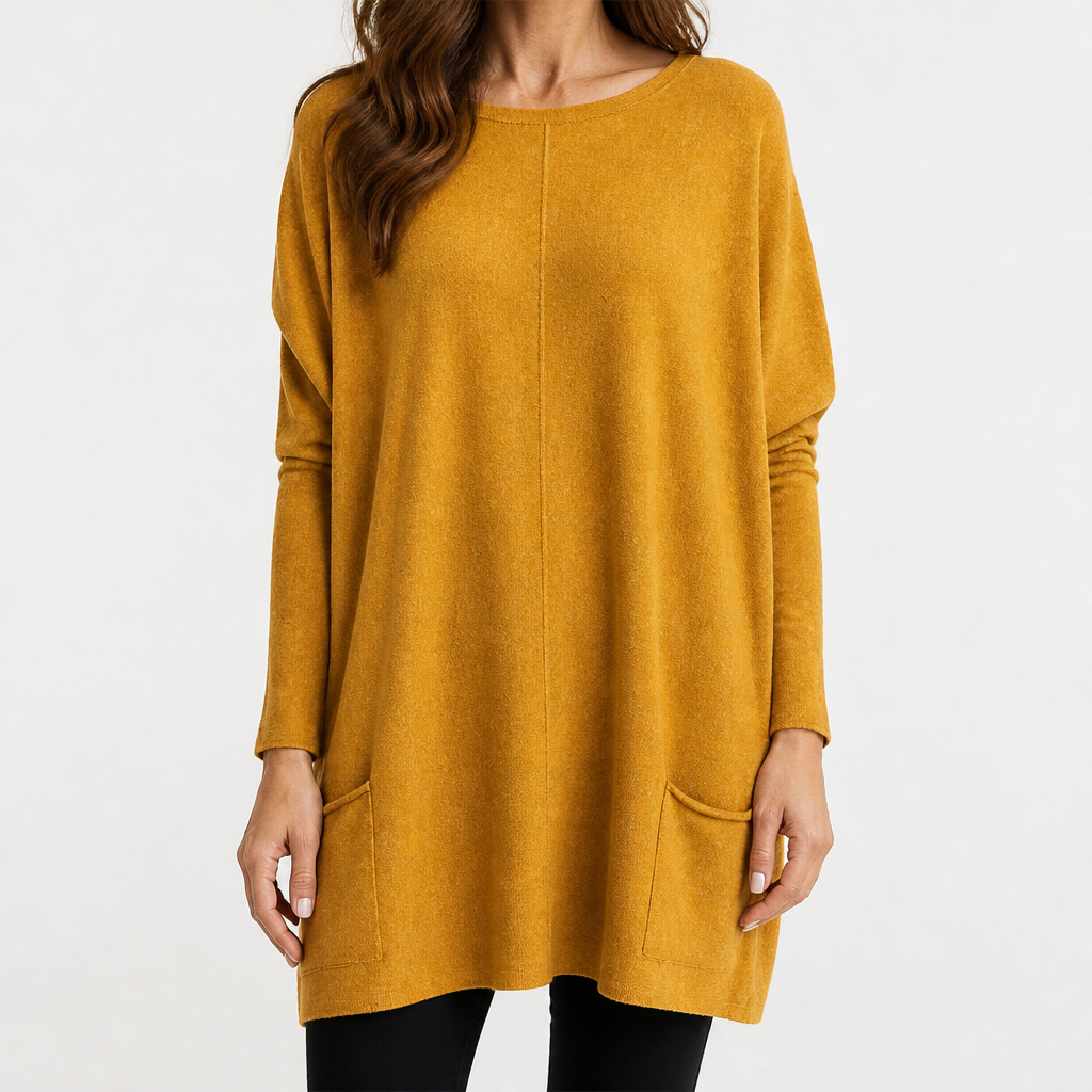 Wilhelmina | Womens Bat Sleeve Long Cotton Pocket Base Top, Yellow