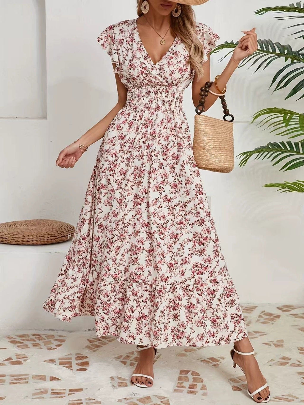 Willa | Womens Floral V Neck A Line Maxi Dress Wedding Wrap Guest - Pink