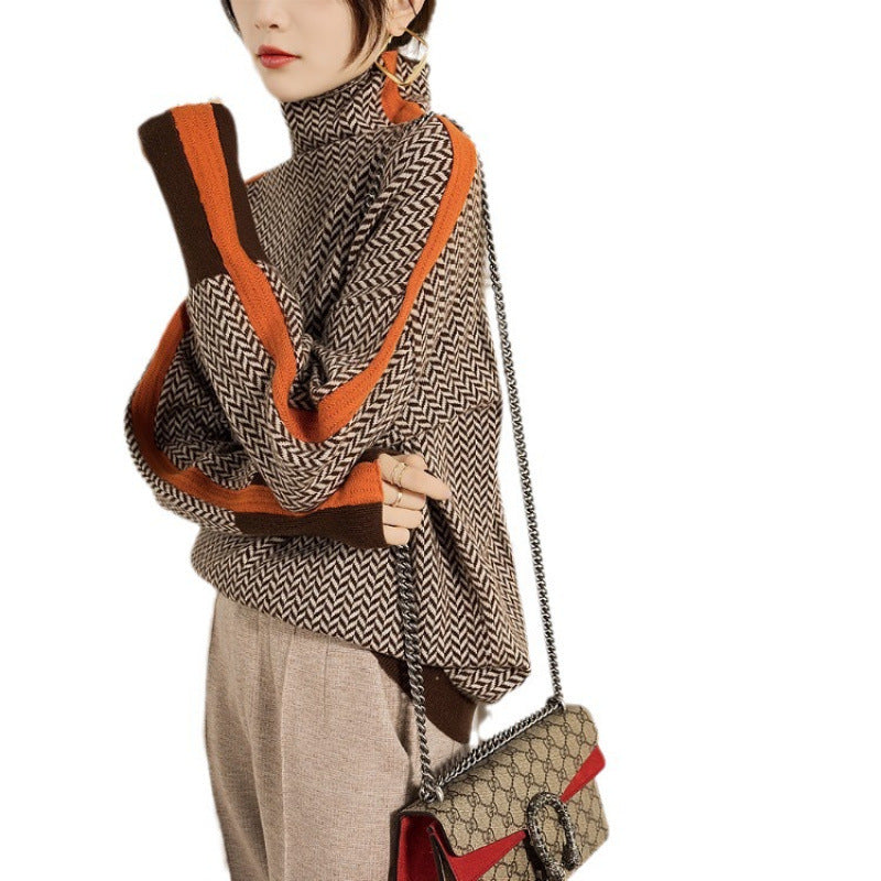 Winifred | Womens Turtleneck Knit Jumper Contrast Sleeve Loose - 4