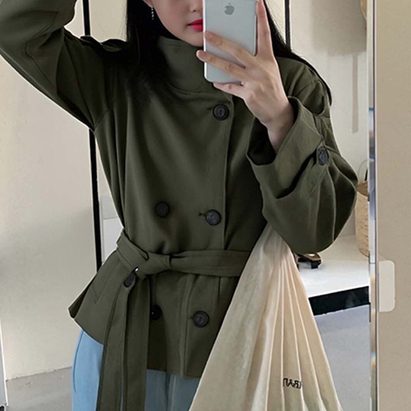 Winnie | Womens Cropped Double Breasted Trench Coat, Army Green