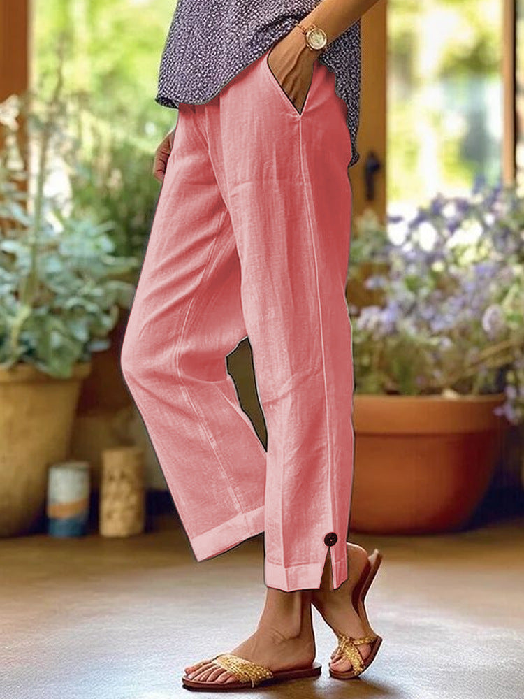 Wren | Womens Cotton Linen Elastic Waist Cropped Trousers Pants - Pink