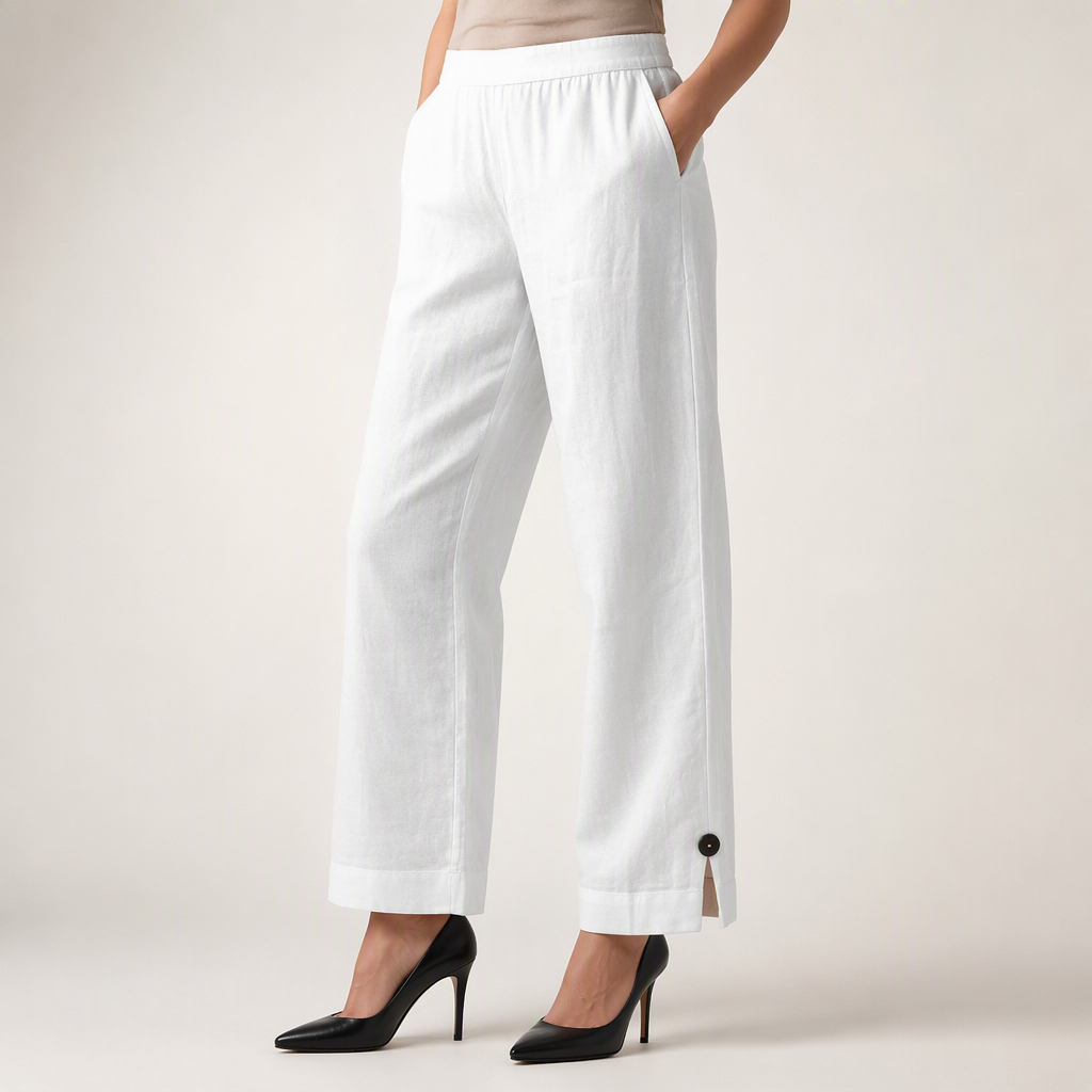 Wren | Womens Cotton Linen Elastic Waist Cropped Trousers Pants, White
