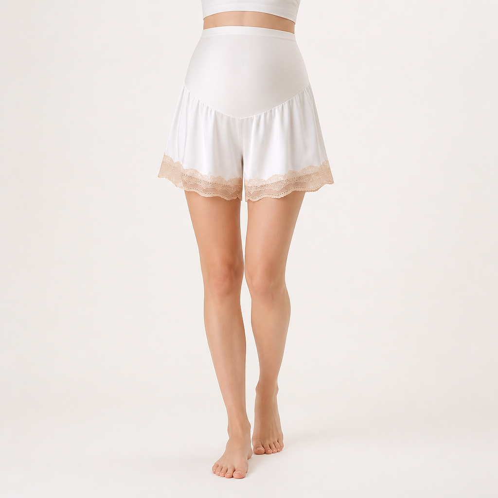 Wren | Womens Maternity High Waist Belly Support Safety Black Shorts, White + Skin