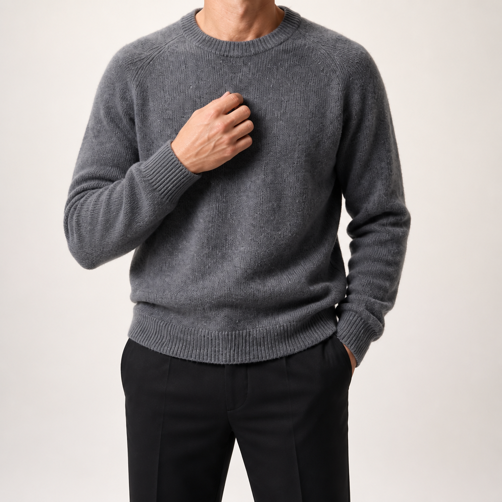 Wystan | Mens Knitted Jumper Pullover Crew Neck Warm Winter Sweater, Grey