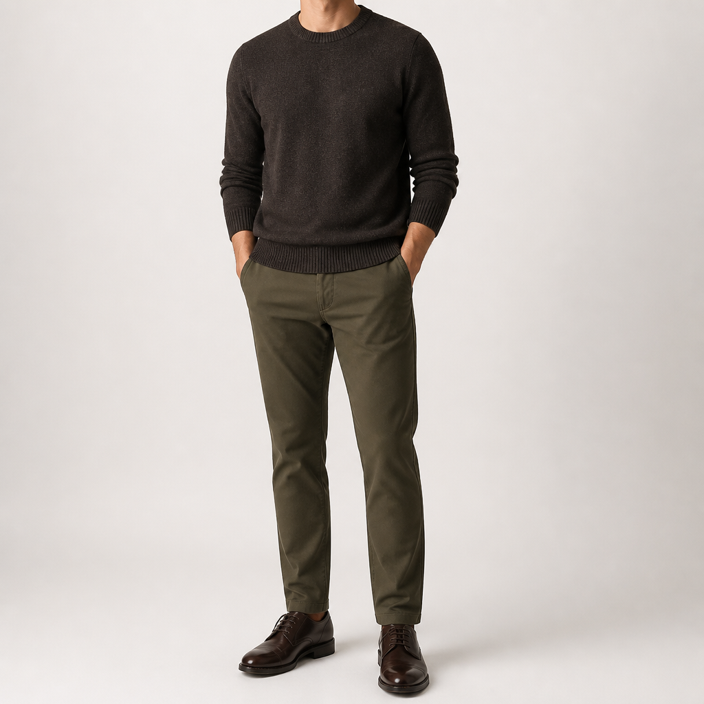 Wystan | Mens Knitted Jumper Pullover Crew Neck Warm Winter Sweater, Mocha