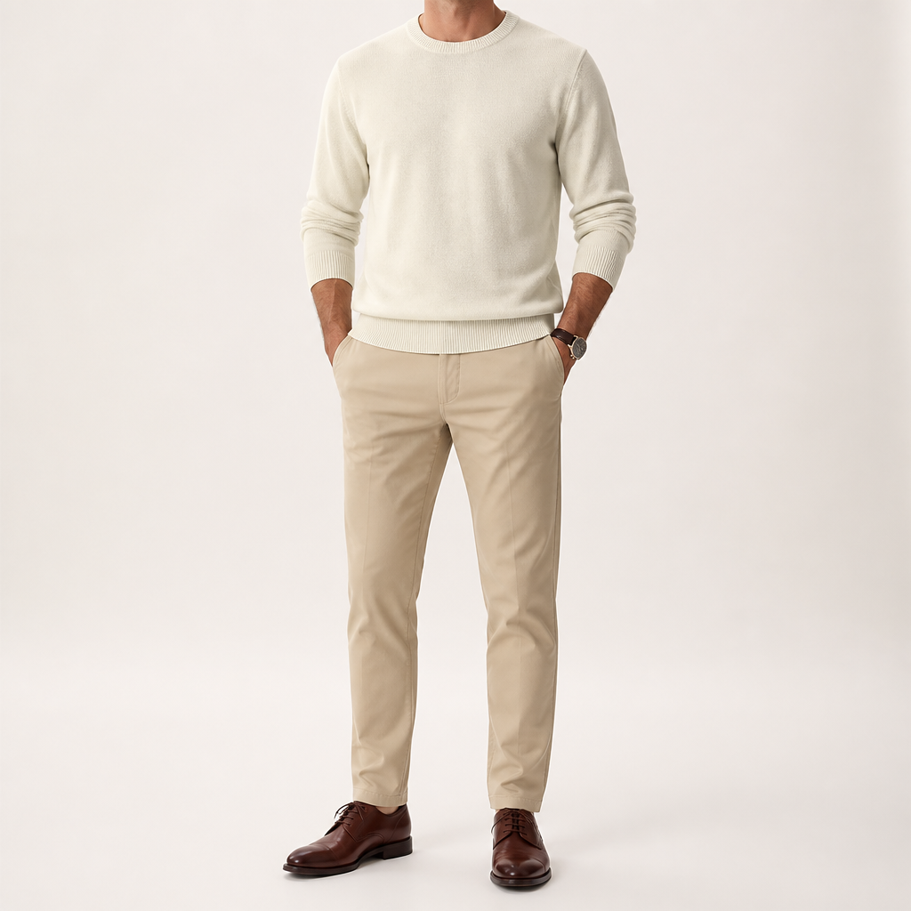 Wystan | Mens Knitted Jumper Pullover Crew Neck Warm Winter Sweater, White