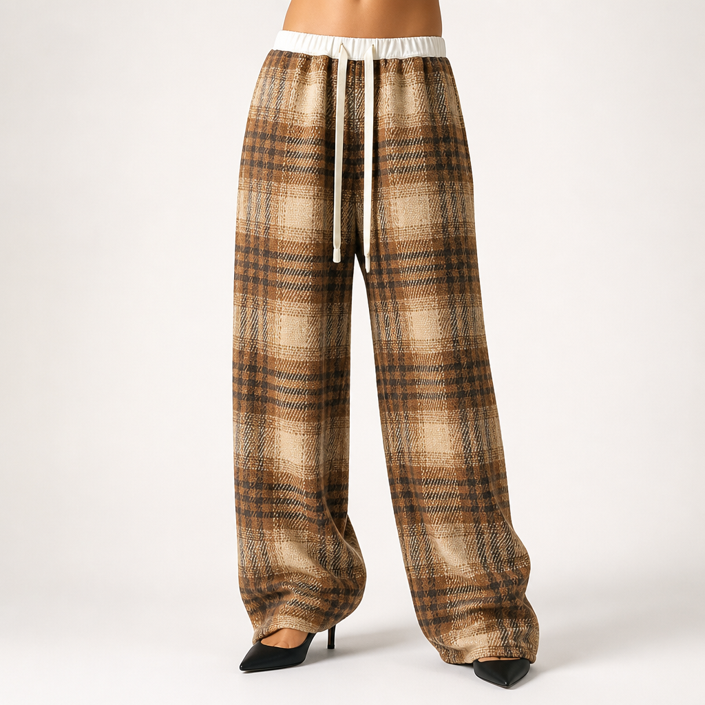 Yannick | Womens Wide Leg Fleece Lined Checked Winter Trousers, Yellow