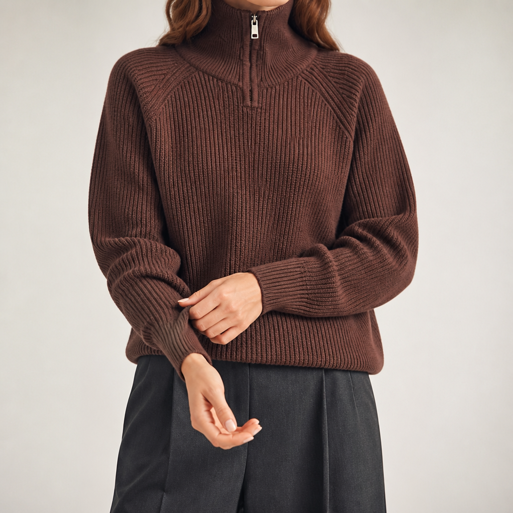 Zephyr | Womens Jumper Knitted Zip Up Loose Turtleneck Warm Sweater, Design 2